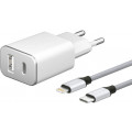 СЗУ USB Type-C + USB A,PD 3.0, 18Вт, дата-кабель USB-C - Lightning (MFI) нейлон, Ultra, белый, Deppa