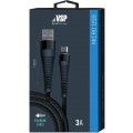 Дата-кабель BoraSCO USB - Micro USB, 3А, 1м, Fishbone, в нейлоновой оплетке, витой, черный